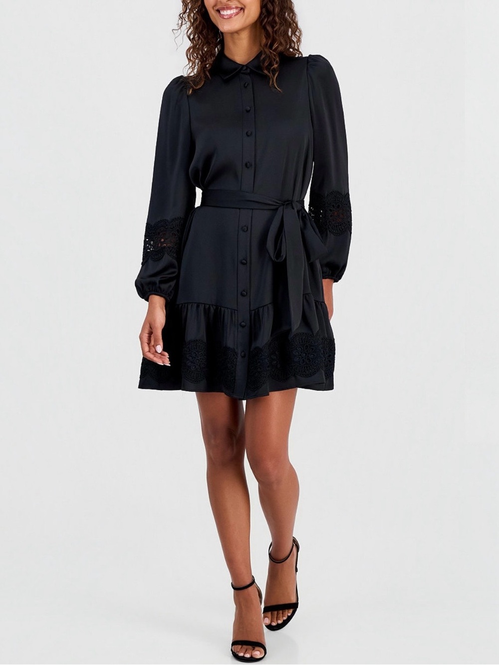 Anne Klein Black Long-Sleeve Tie-Waist Mini Dress